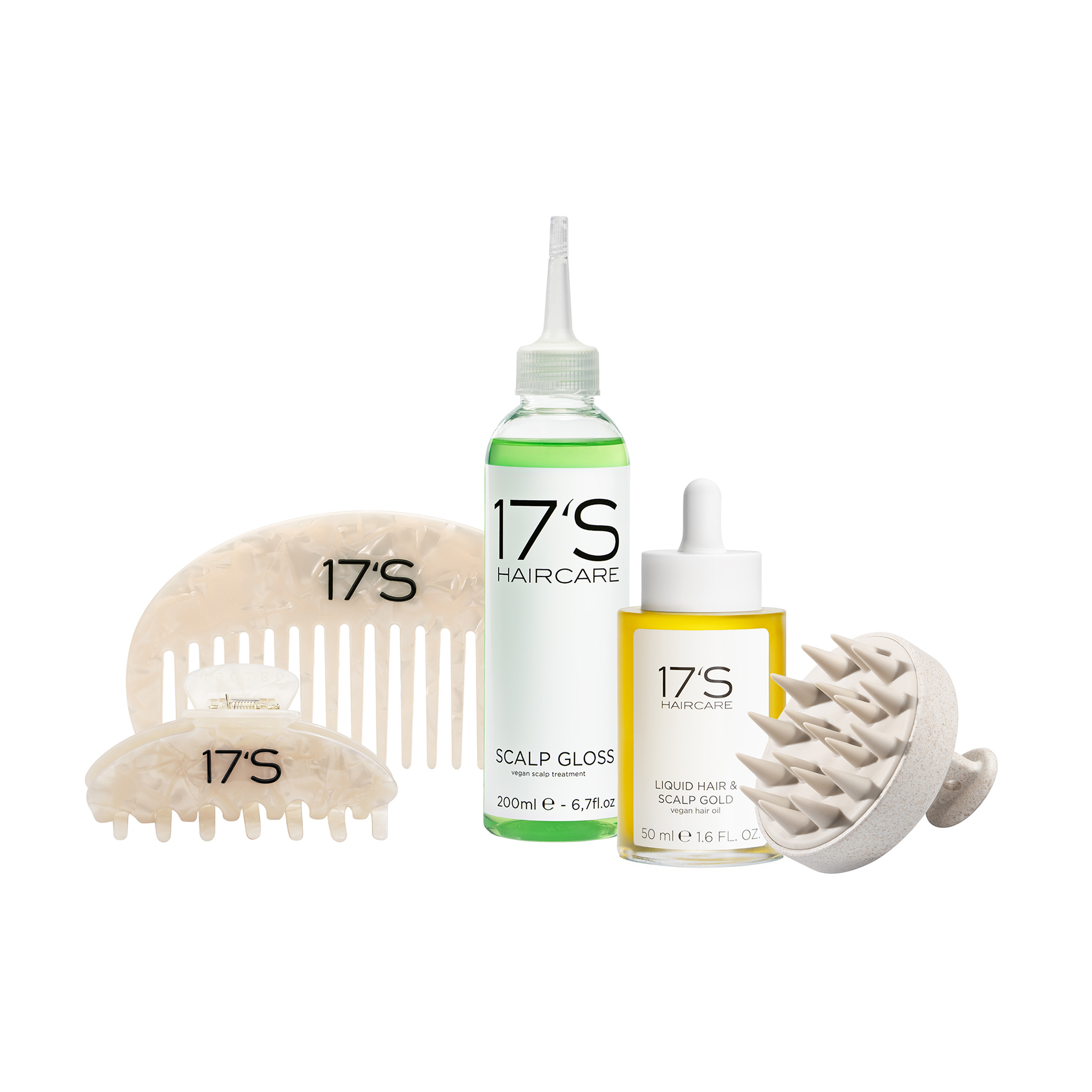 17's Haircare complete haircare routine bundle with Scalp Gloss, Liquid Hair & Scalp Gold, Scalp Massager, Vanilla Pearl Comb and Vanilla Pearl Claw Clip
