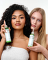 Two models with curly and straight hair holding 17's Haircare Scalp Gloss for a healthy scalp routine