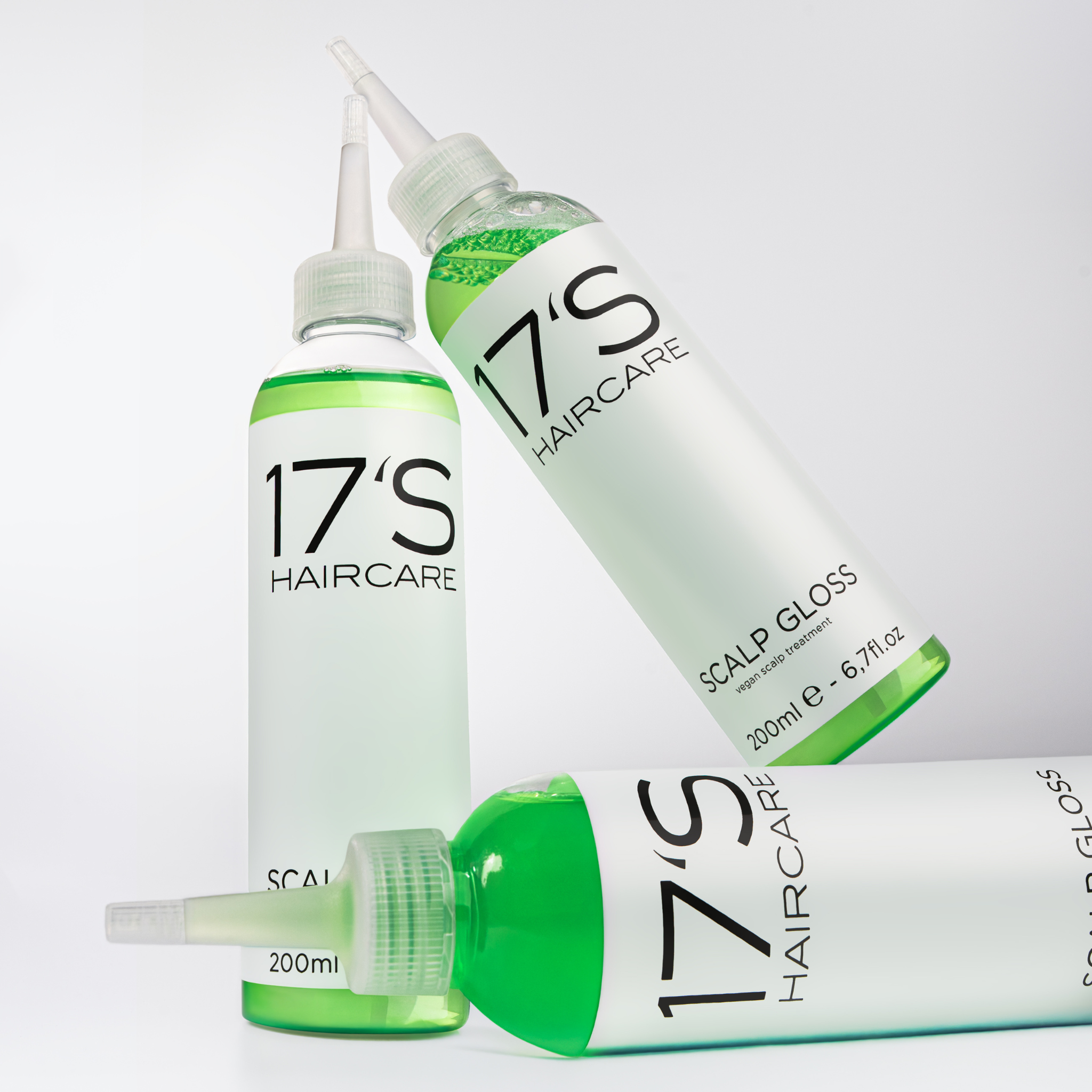 17's Haircare Scalp Gloss Value Set – three 200ml bottles of vegan scalp treatment with applicator tip