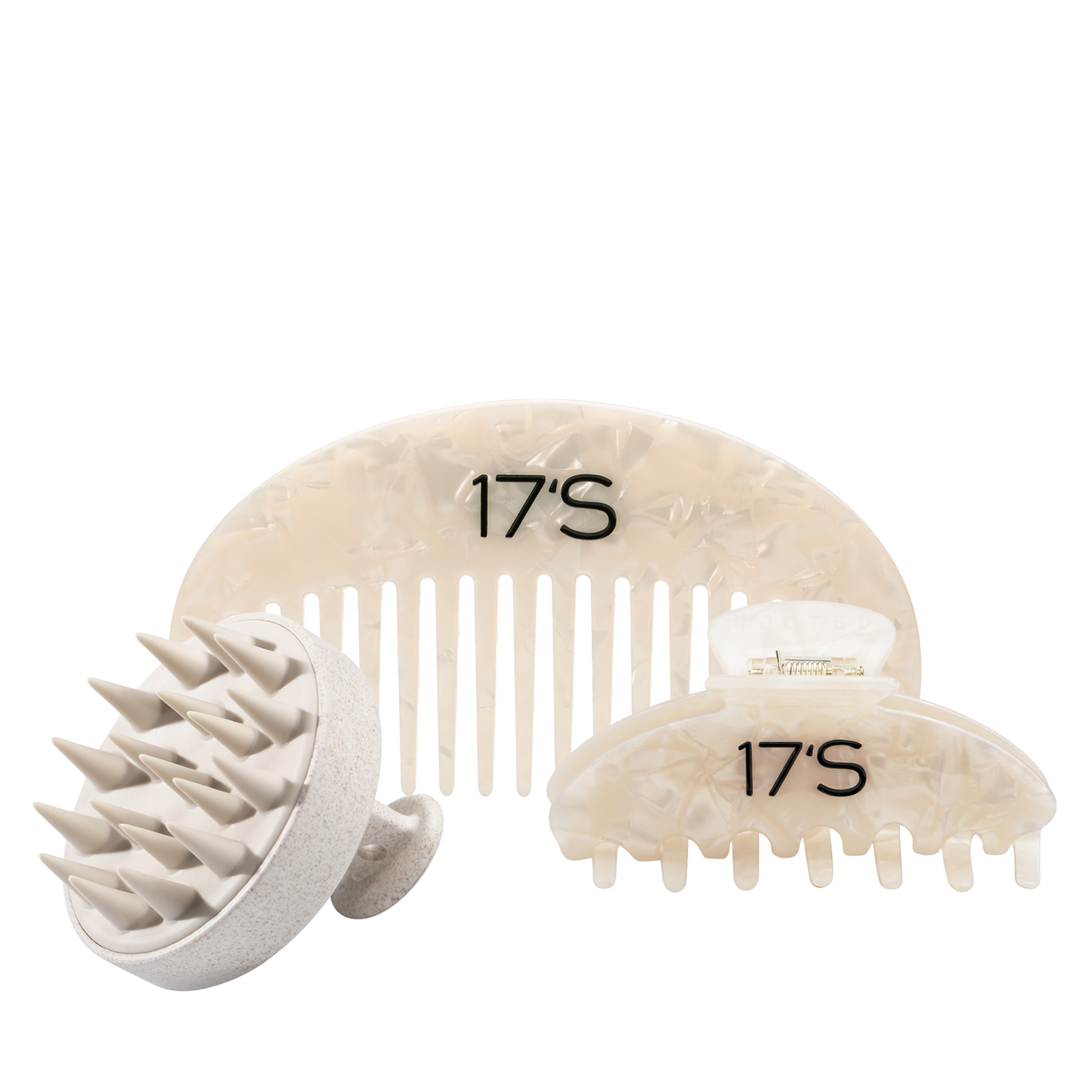 17's Haircare bundle with Scalp Massager, Vanilla Pearl Comb and Vanilla Pearl Claw Clip for gentle scalp care and everyday hair styling